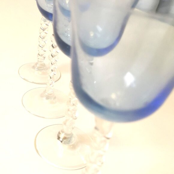 VINTAGE Set of 4 Aqua Blue Wine Goblets w/ Clear Corkscrew Twisted Stem | 1960s - Picture 8 of 8